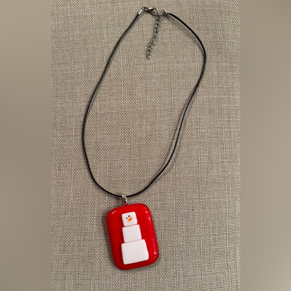 Fused Glass Snowman Pendant Necklace Red White Christmas Jewelry